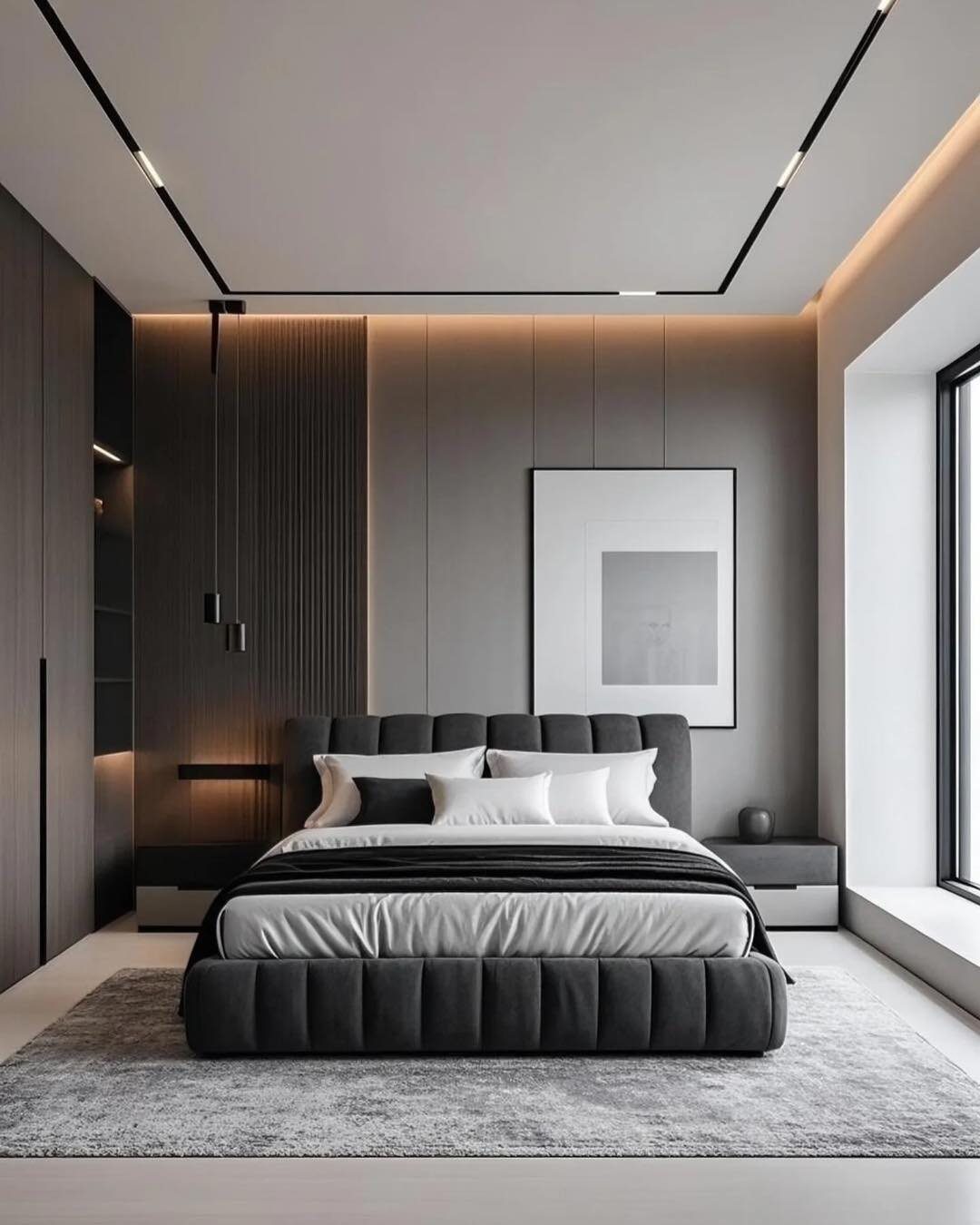 Modern grey bedroom with a large framed minimalist artwork above a dark upholstered bed.