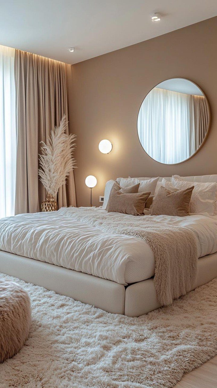 A cozy beige bedroom with textured white bedding, taupe pillows, a knit throw, and a shaggy rug.
