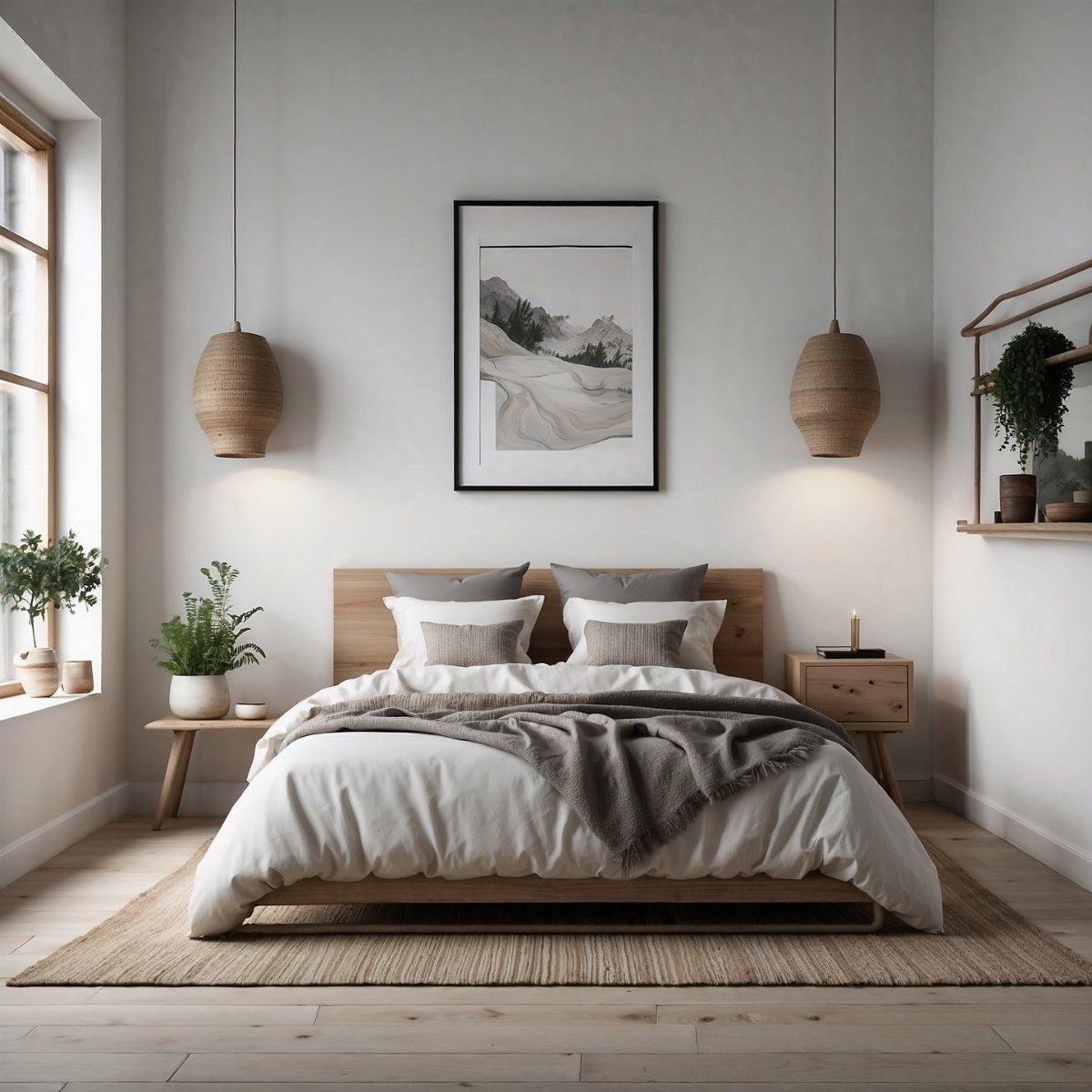 Minimalist bedroom with wooden bed, grey walls, beige bedding, and hanging wooden pendant lights.