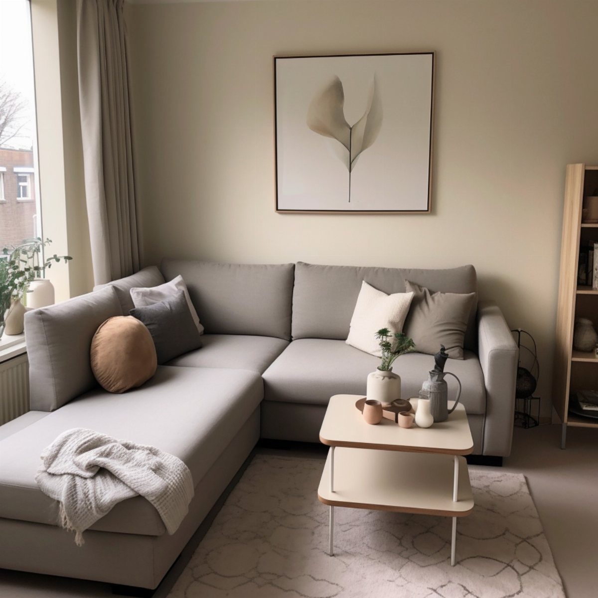 A soft grey sectional sofa with neutral pillows and a white blanket in a beige room.