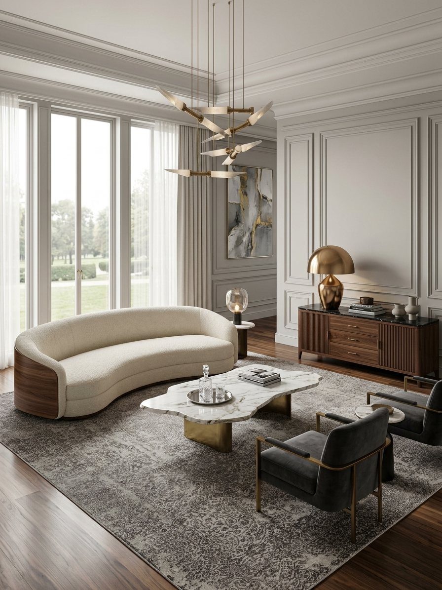 Modern living room with a curved cream sofa, marble coffee table, and grey patterned rug.