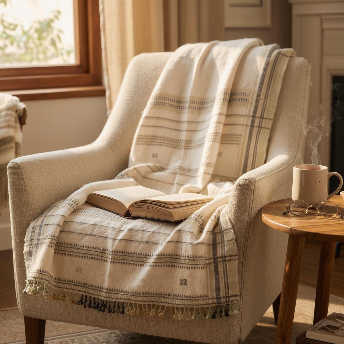An off-white armchair with a patterned throw blanket and an open book on it.