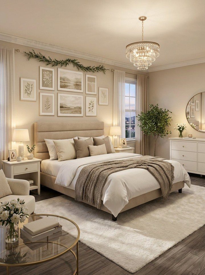 Cream bedding on a large bed with brown pillows and a textured throw in a bright room.