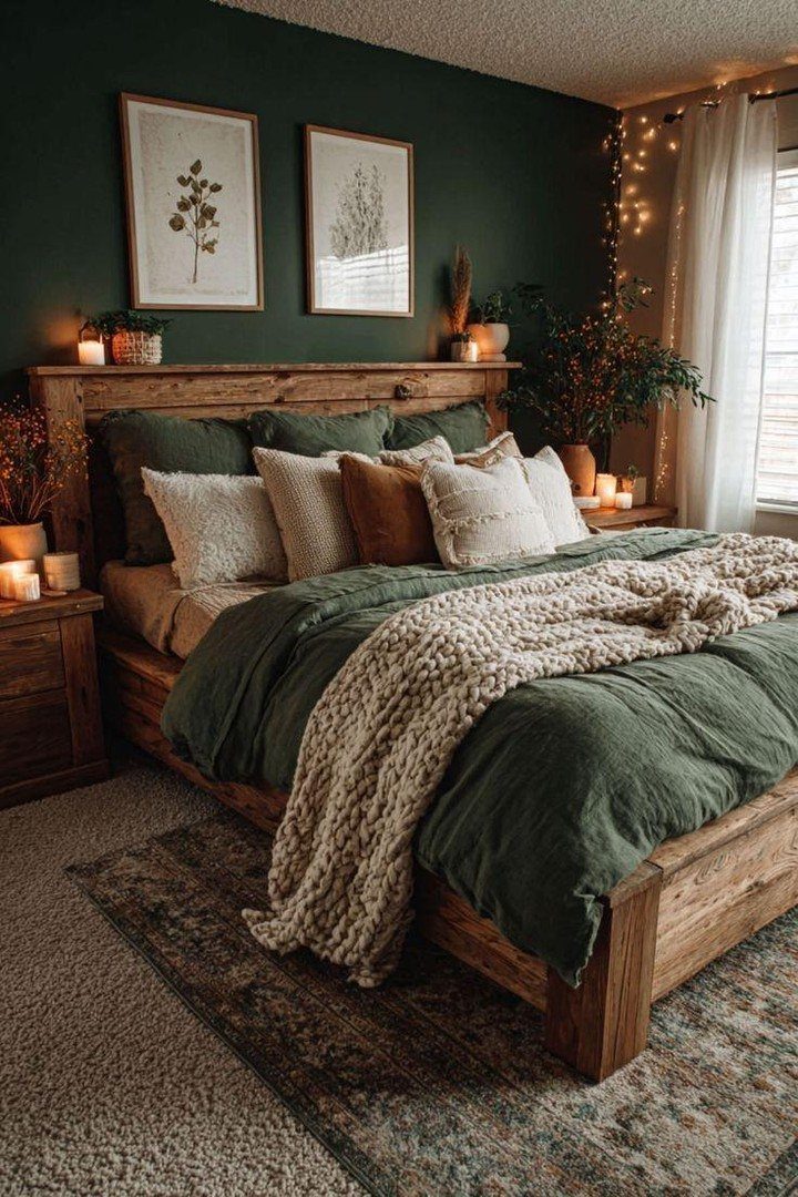 Rustic wooden bed frame with dark green bedding and layered cream pillows in a moody bedroom.