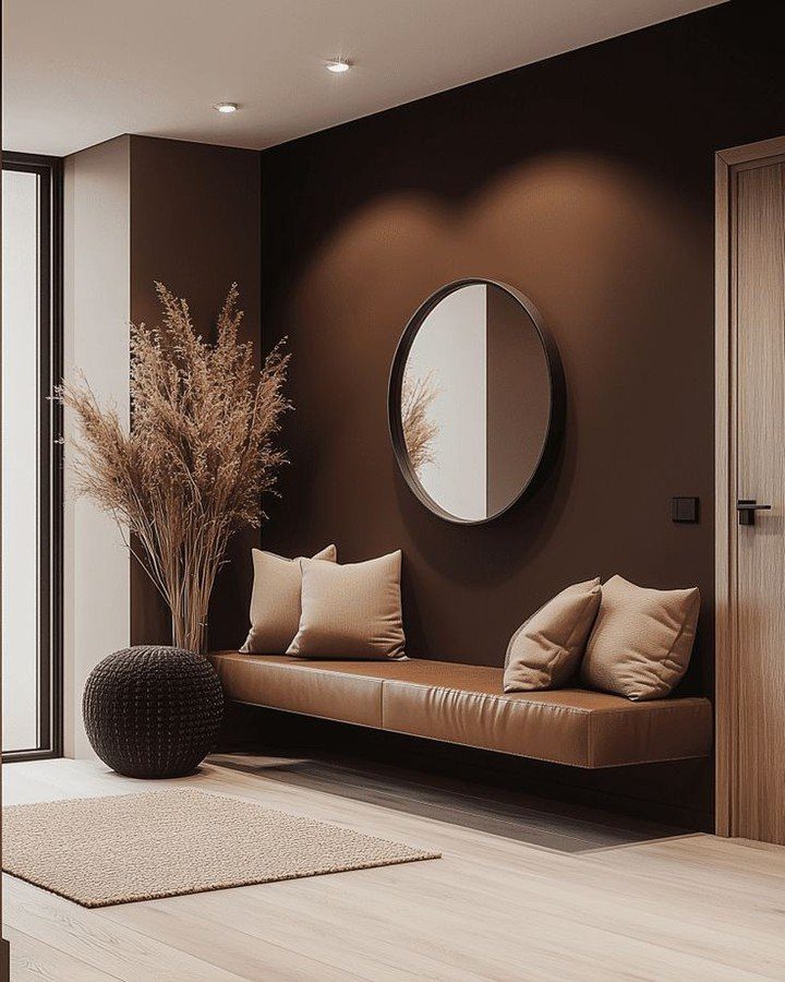 Minimalist room with deep brown walls, a floating tan bench, and dried pampas grass.