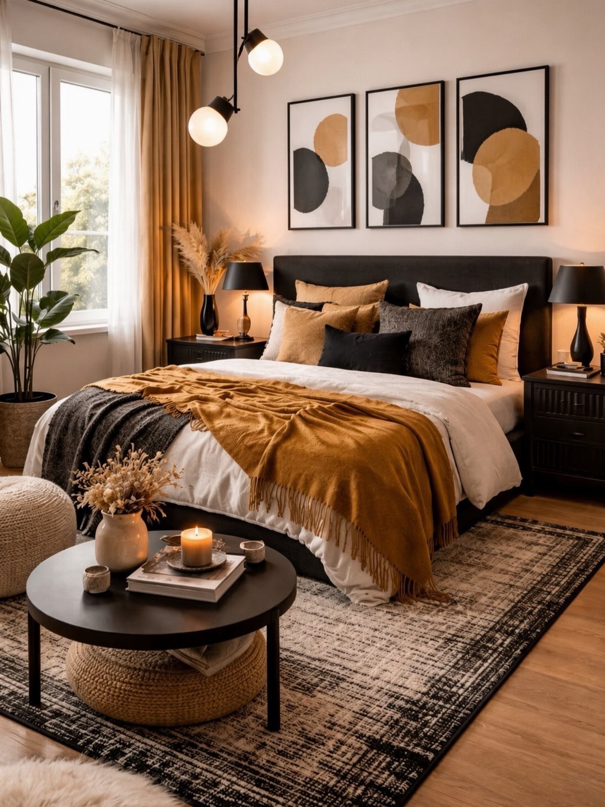 Black bed frame with white bedding and layered ochre and brown textured throws in a modern bedroom.