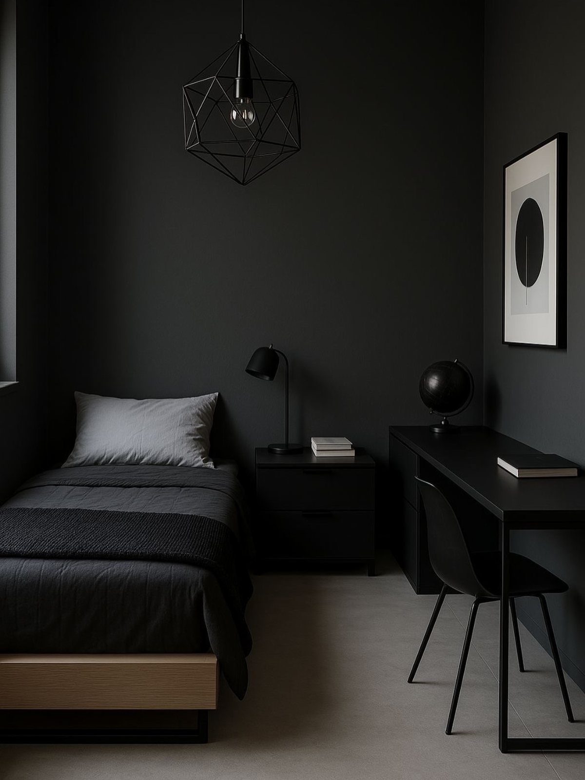A dark bedroom with black walls, black furniture, and a light wood bed frame.