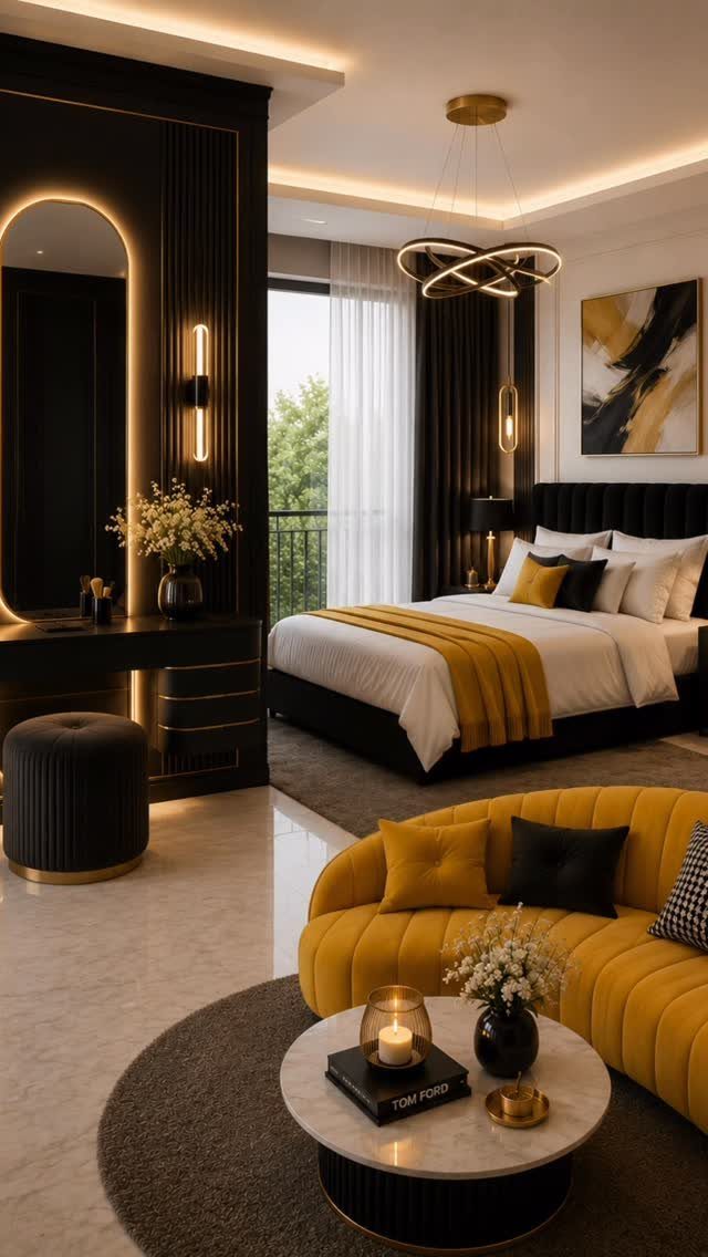 Modern luxury bedroom with black furniture, white bedding, and a gold sculptural chandelier.