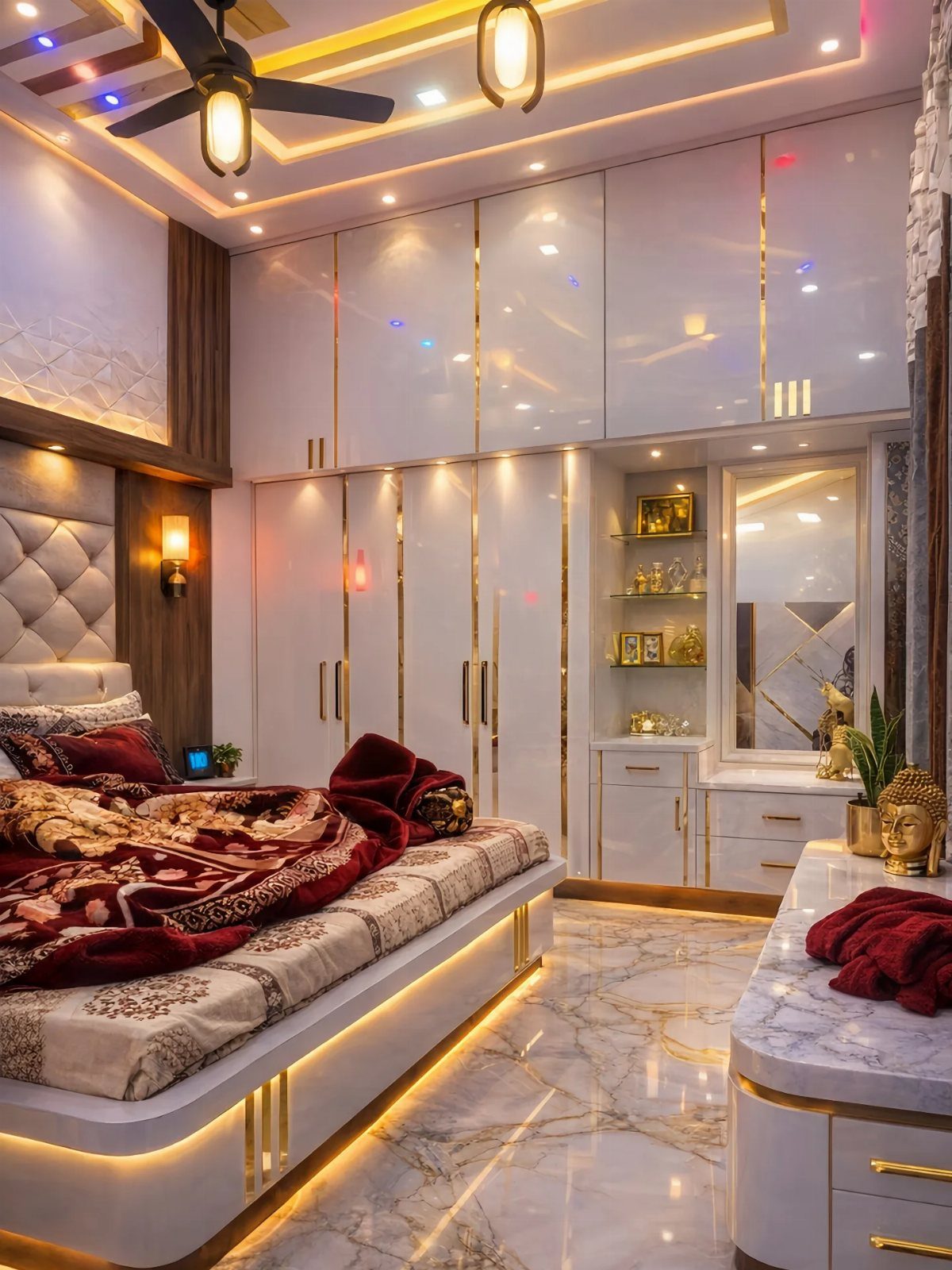 Luxurious bedroom with white glossy cabinets, gold accents, marble floors, and warm integrated lighting.