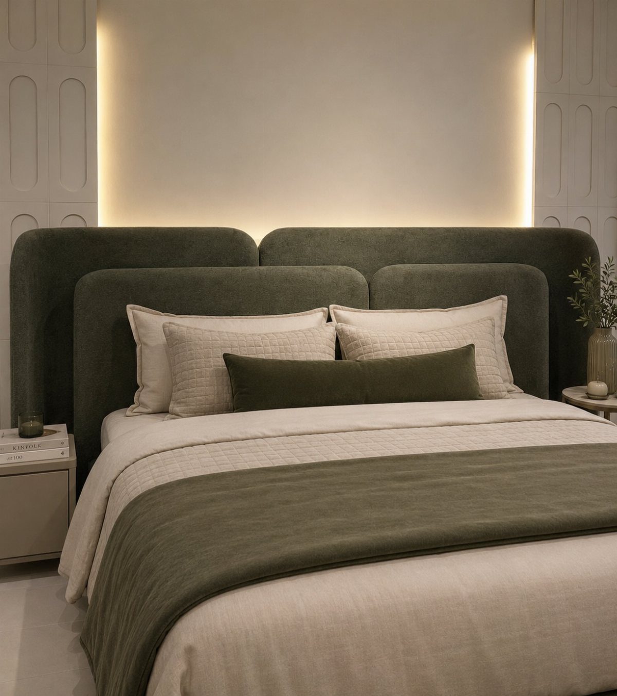 Large olive green upholstered headboard behind a bed with cream linens and warm ambient lighting.