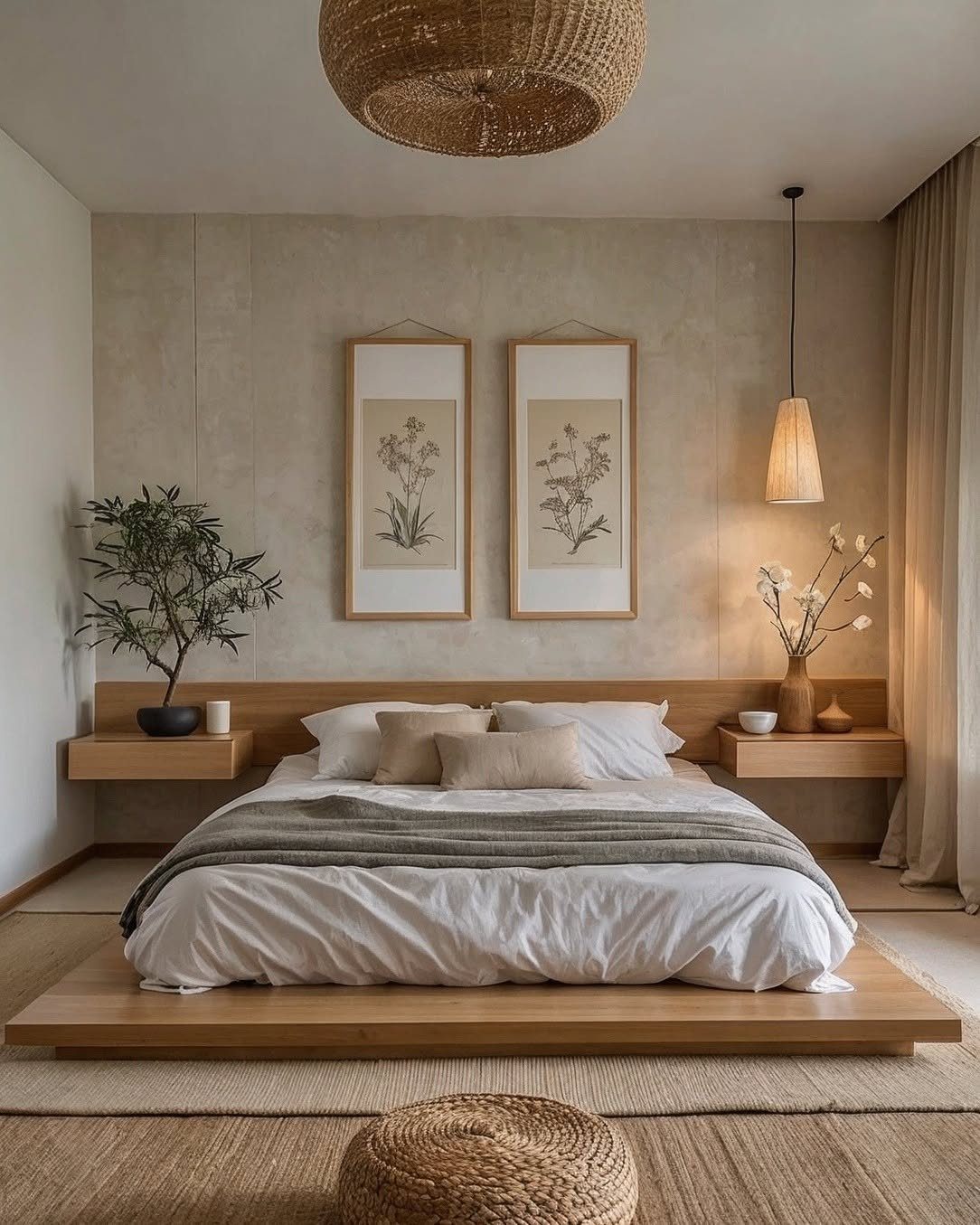 Minimalist bedroom with a low wooden platform bed, cream linens, and botanical wall art.