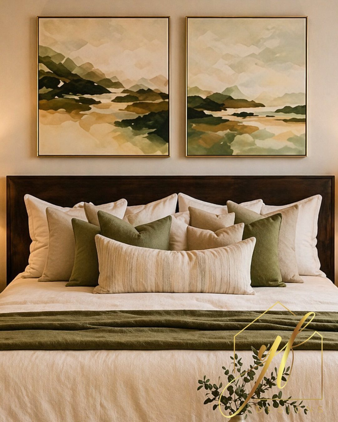 Cream and olive green pillows layered on a bed with dark wood headboard and landscape art.