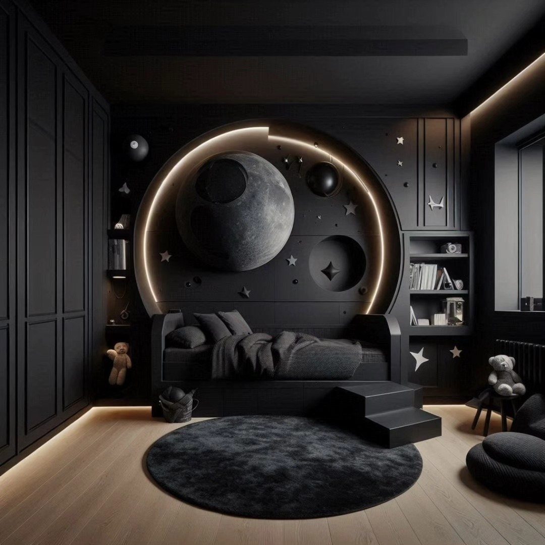 Black bedroom furniture and decor set against light wooden flooring with a circular rug.