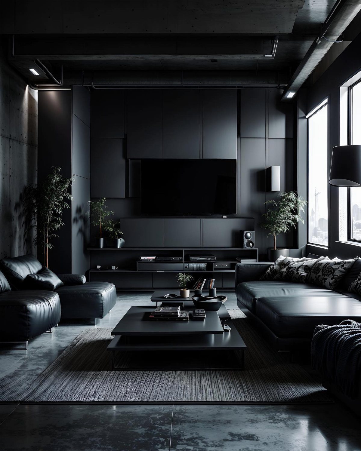 Matte black paneled walls and furniture in a modern, dark-toned living room setting.