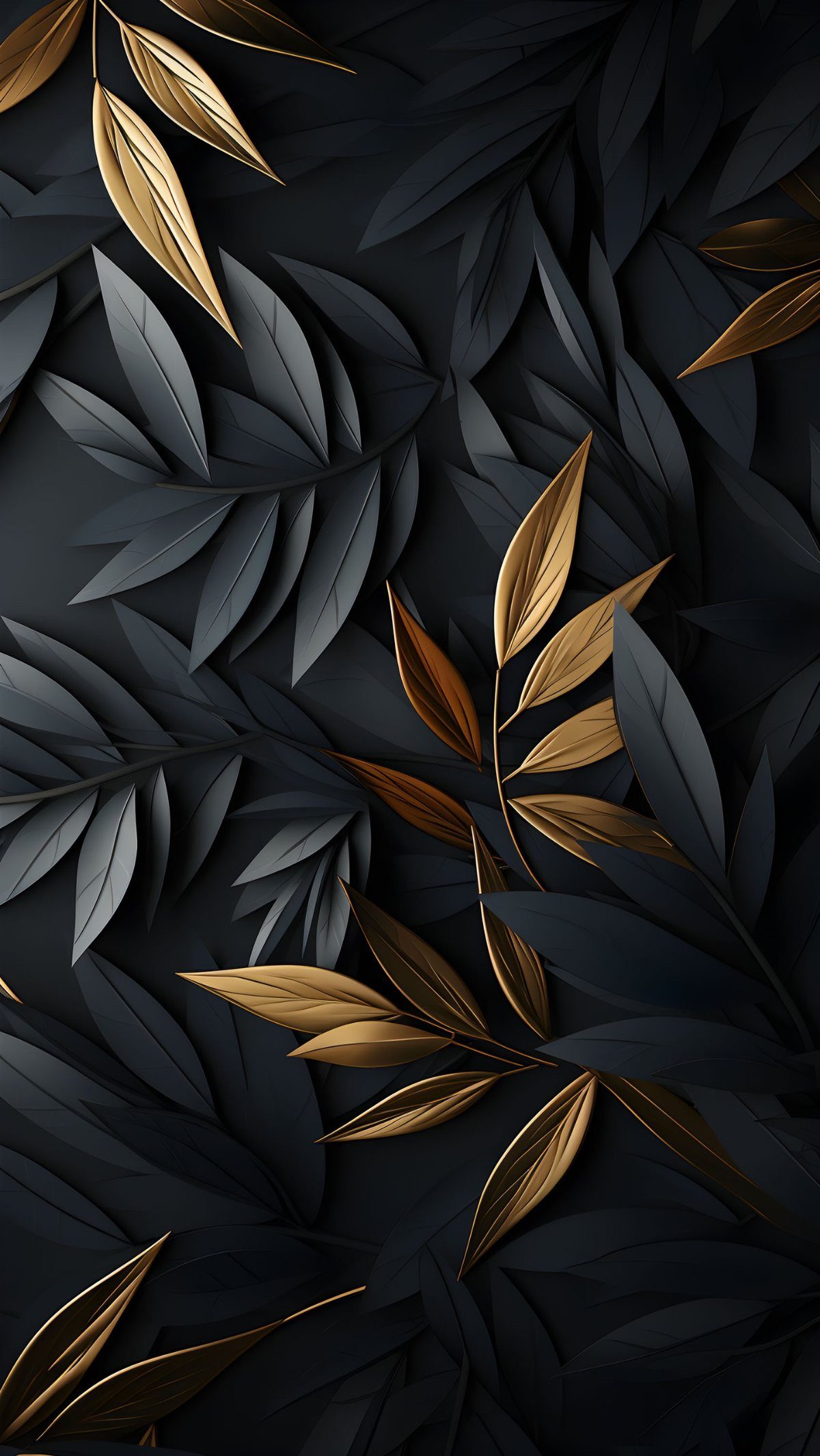 Black and gold metallic leaf pattern with a textured, three-dimensional botanical design.
