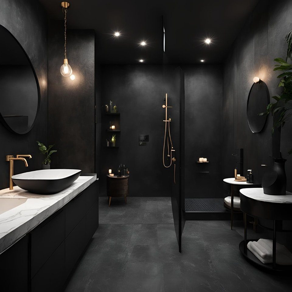 Gold showerhead and faucet set against dark black walls in a luxury bathroom.