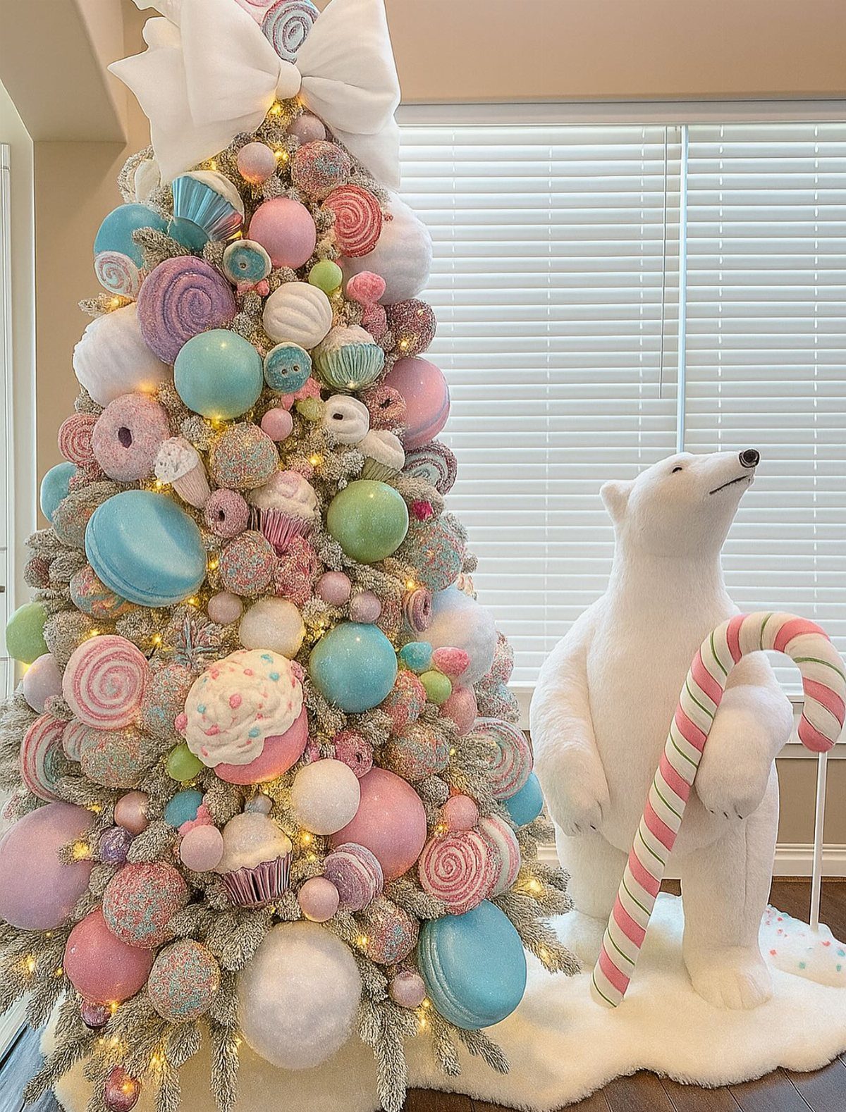 A pastel dessert-themed Christmas tree decorated with macarons and cupcakes next to a polar bear.