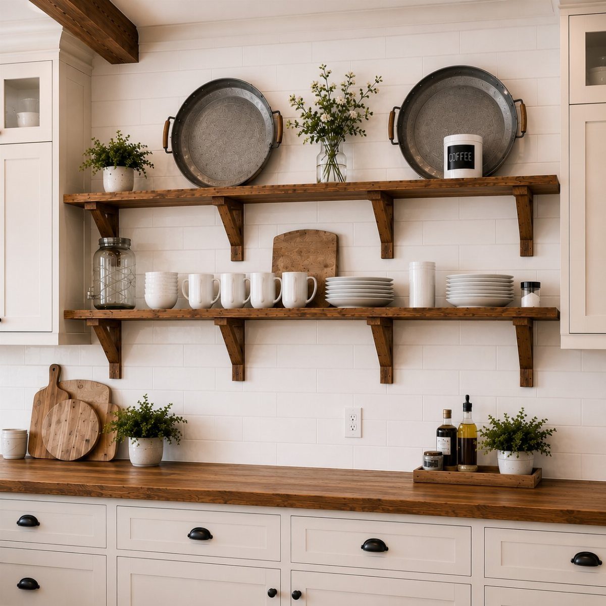 Wooden floating shelves holding white mugs, plates, and decorative items against a white tile wall.