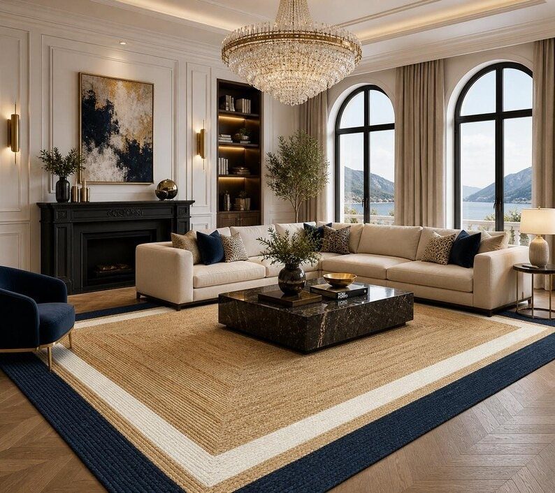 Large cream textured area rug with a navy blue border in a luxury living room.