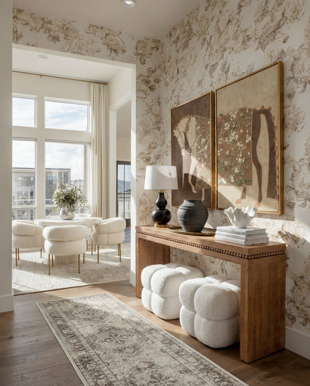 Cream and tan botanical patterned wallpaper in a bright, modern living room setting.