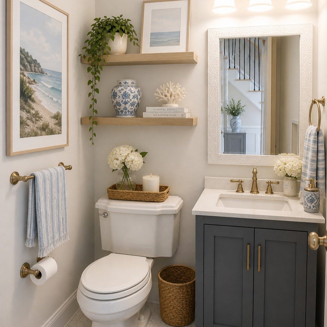 Coastal themed bathroom with blue artwork, a blue patterned vase, and a blue striped towel.