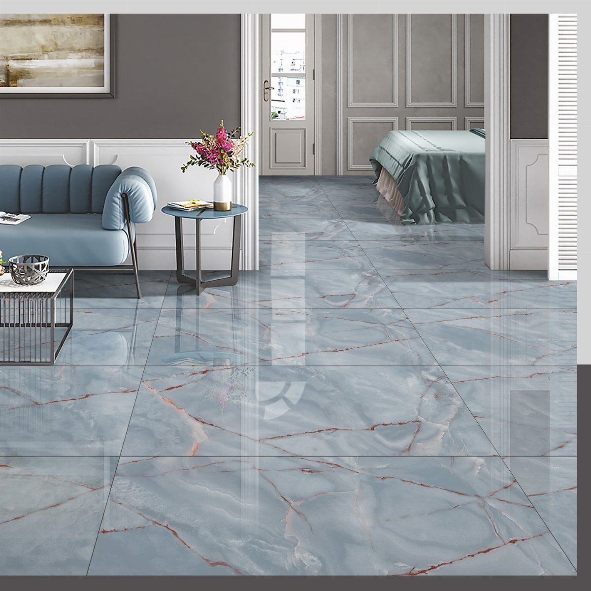 Polished blue marble tiles with reddish veins covering a large living area floor.