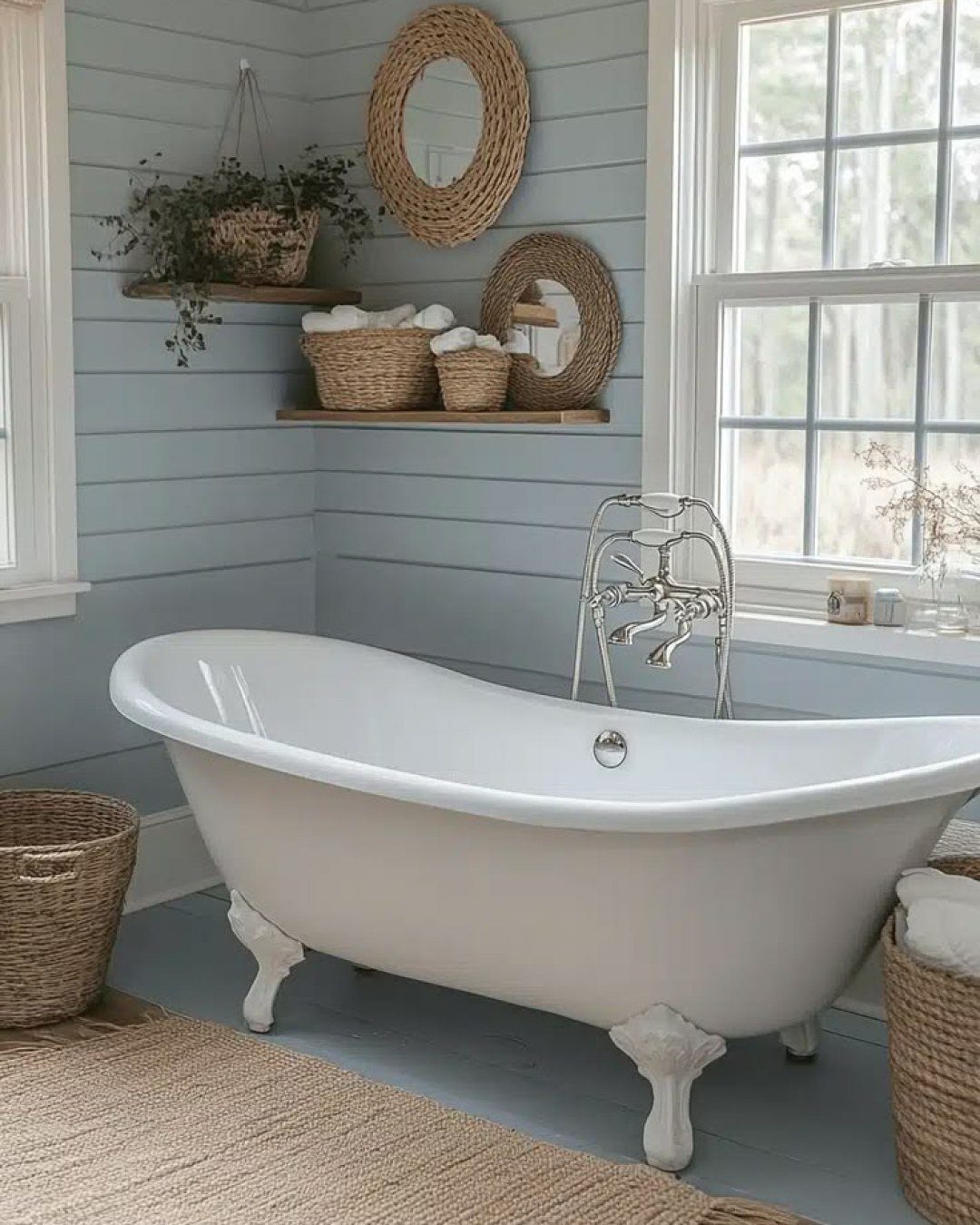 White clawfoot bathtub in a bathroom with light blue shiplap walls and wicker accents.