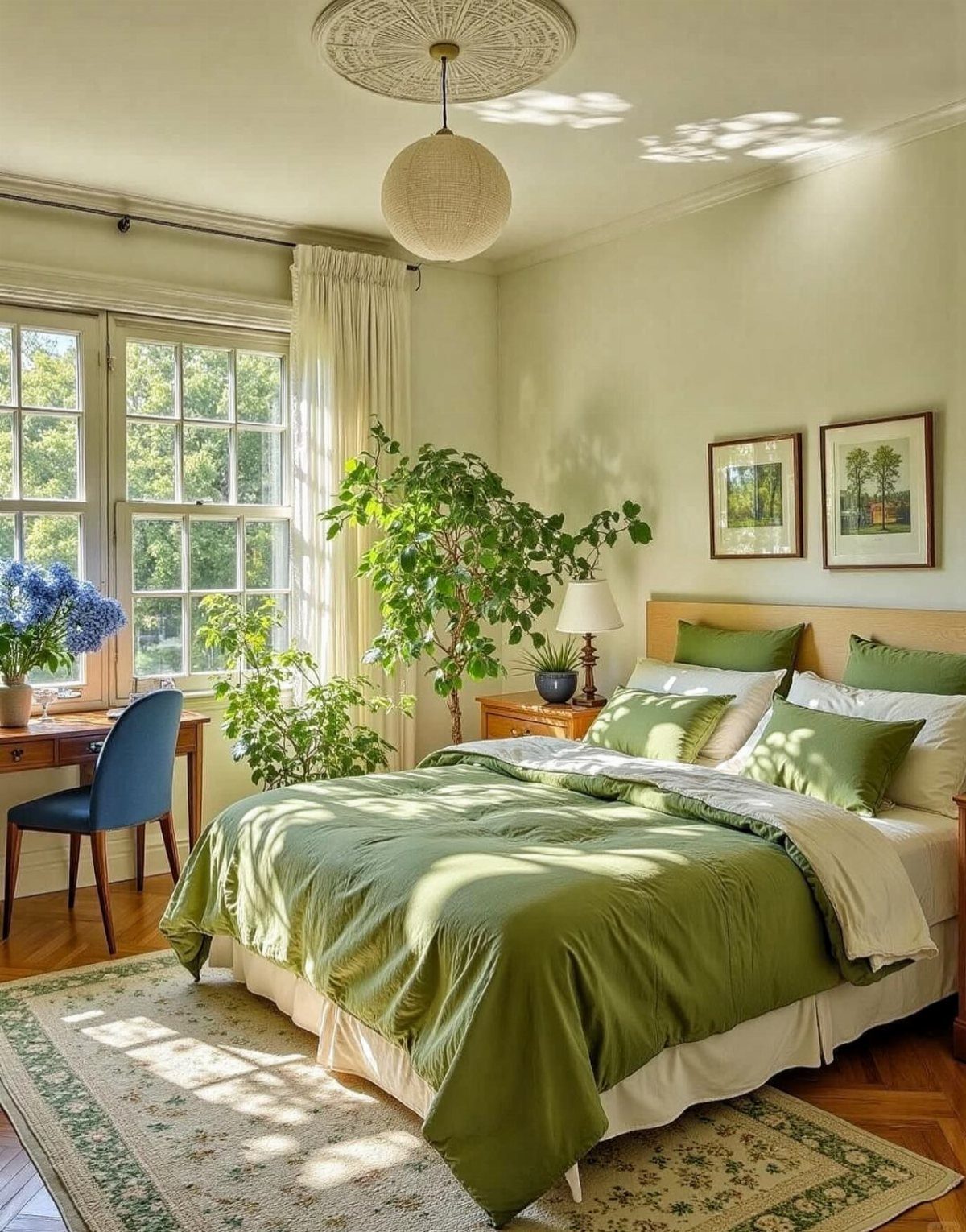 A bedroom with sage green bedding, light green walls, and a blue chair near a window.