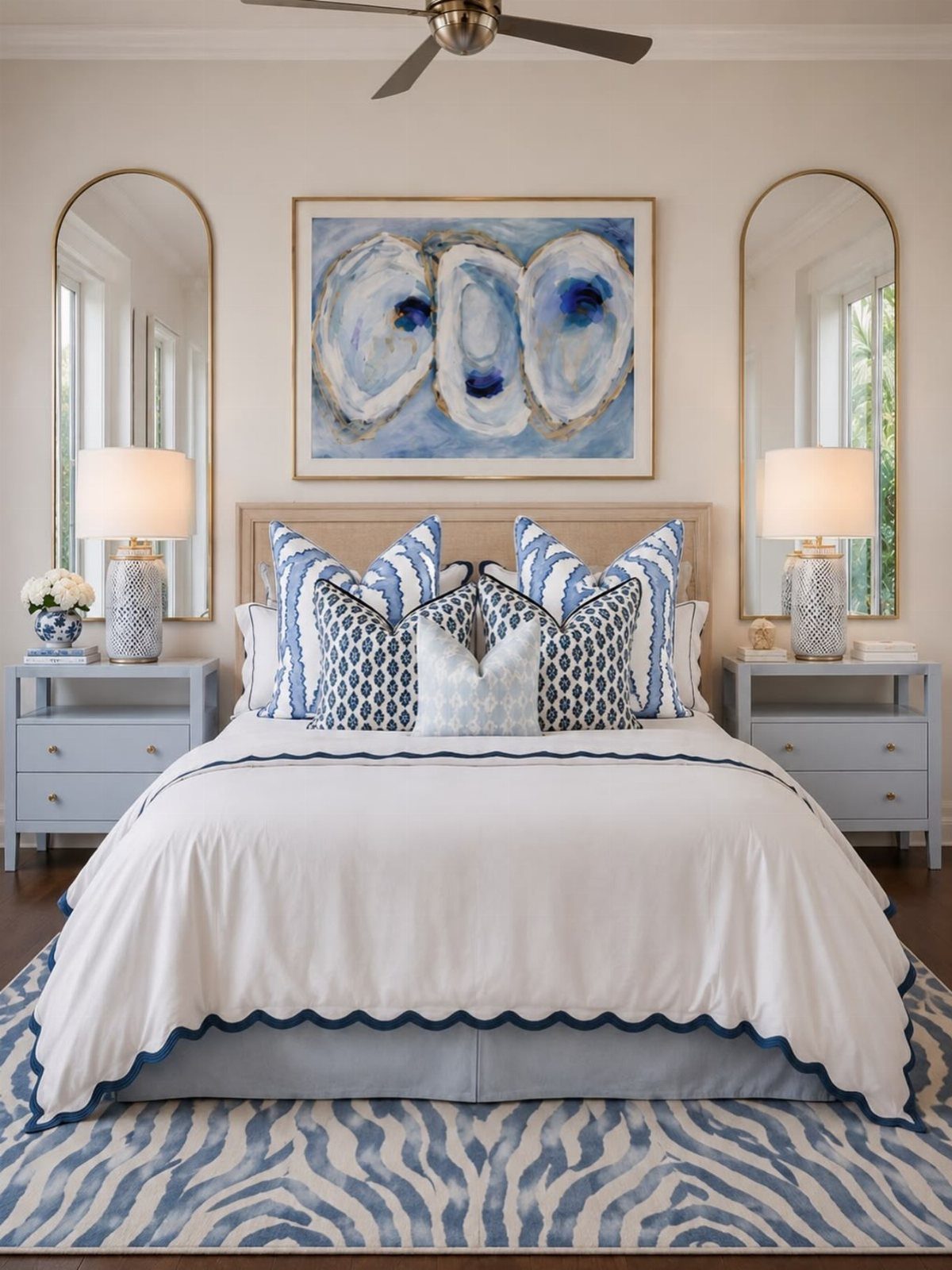 A white bed with blue patterned pillows and scalloped trim on a blue rug.