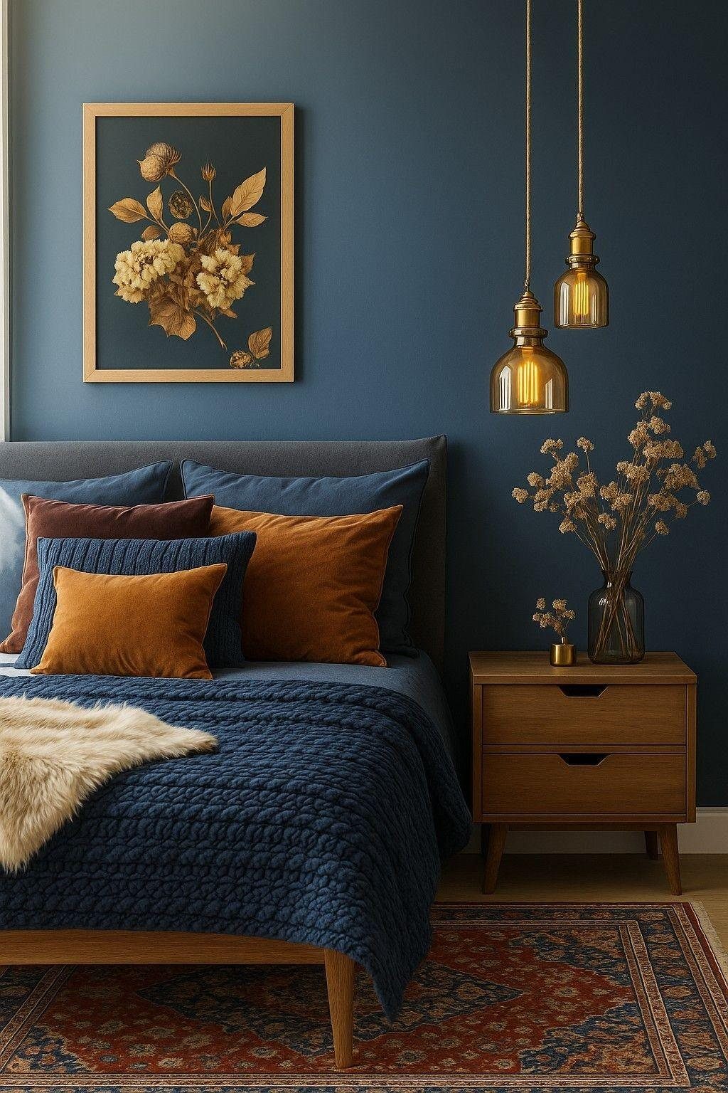 Navy blue bedding and walls paired with burnt orange pillows and amber pendant lights.