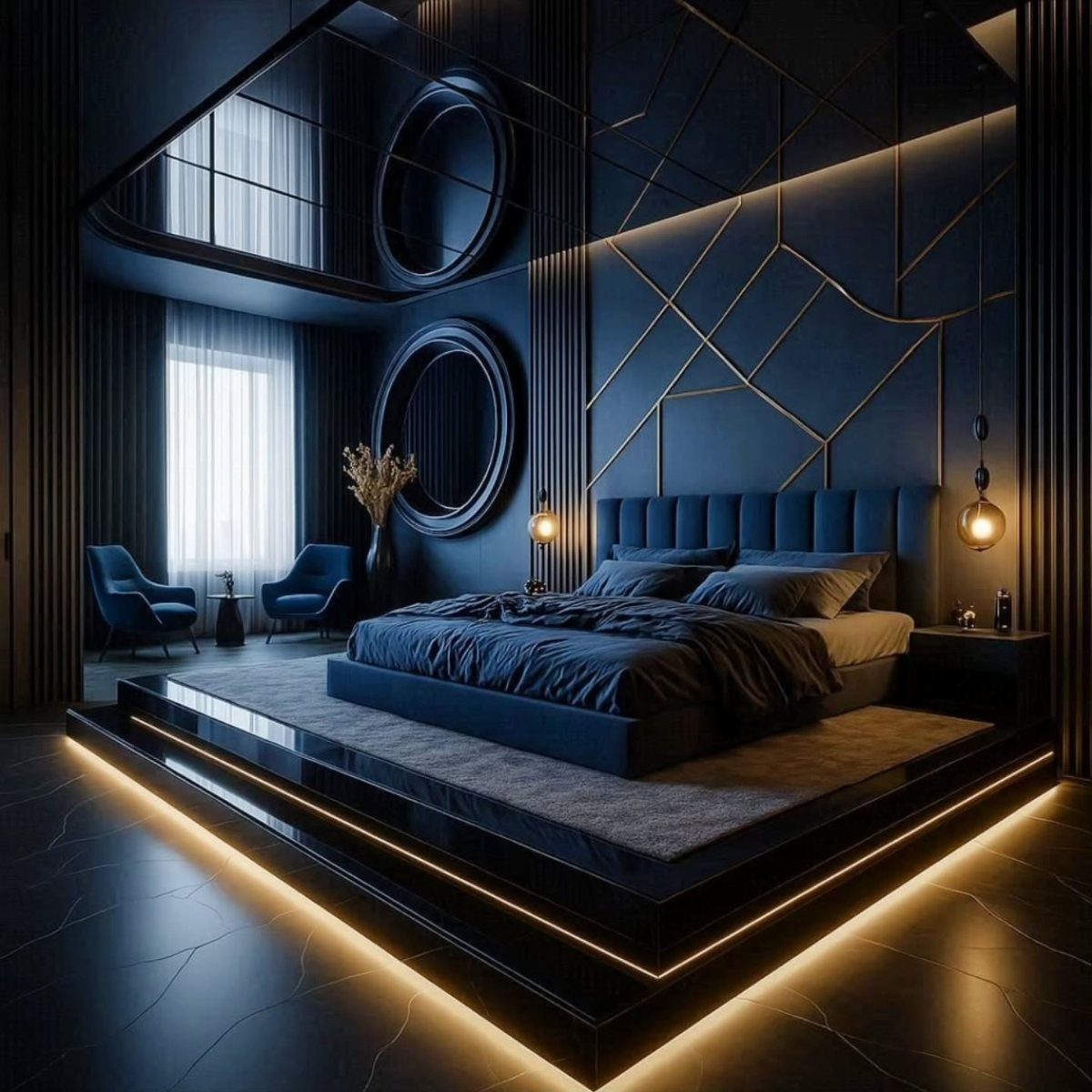 Dark indigo bedroom with a platform bed, gold geometric wall art, and warm ambient lighting.