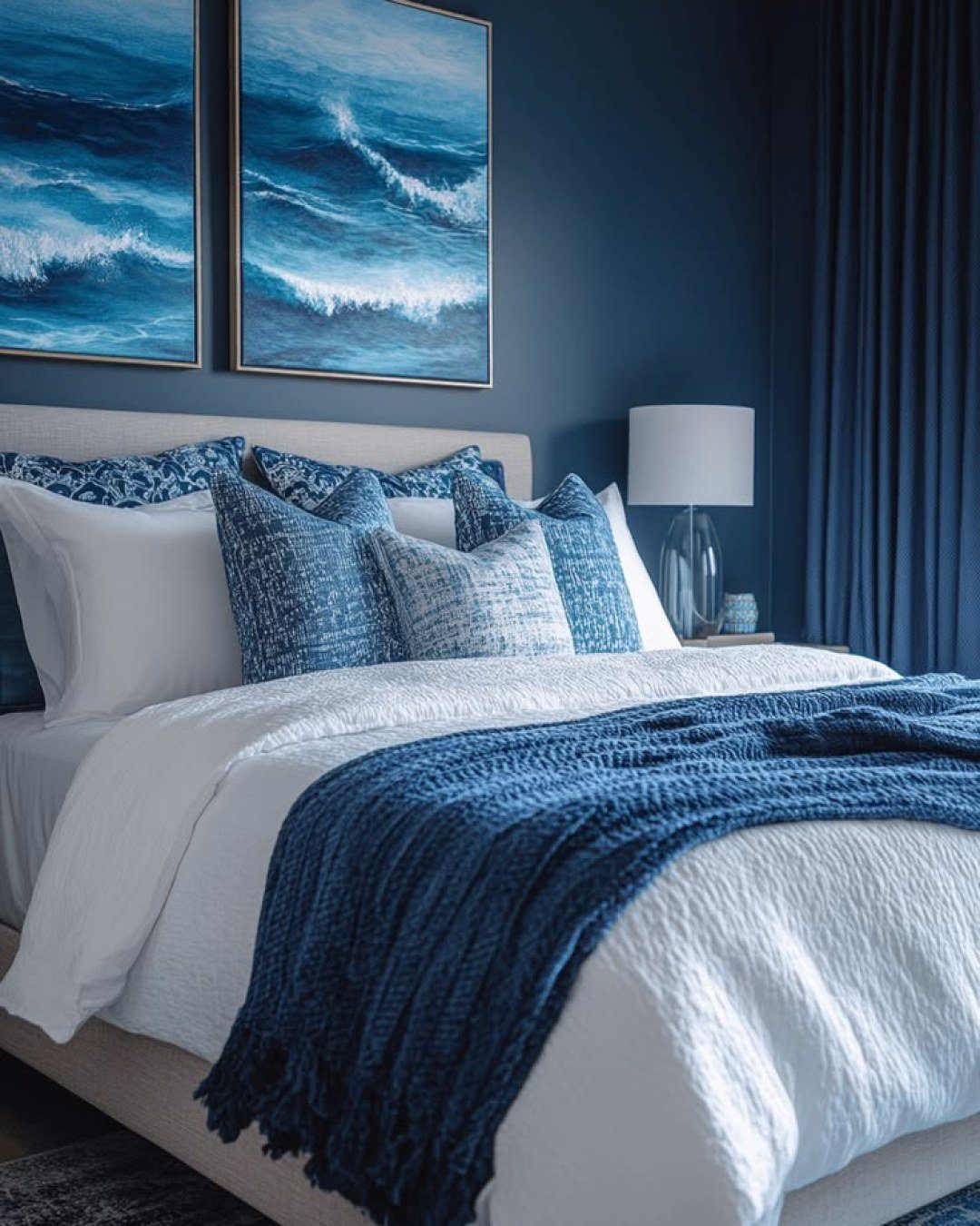 A bed with layered blue pillows and a dark blue throw against navy walls.