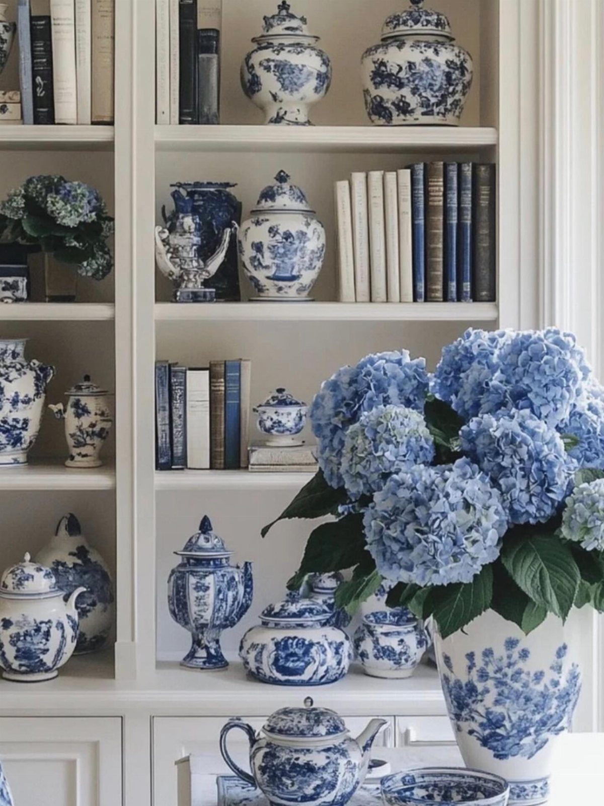 Blue and white ceramic vessels and books arranged on white shelves with blue hydrangeas.