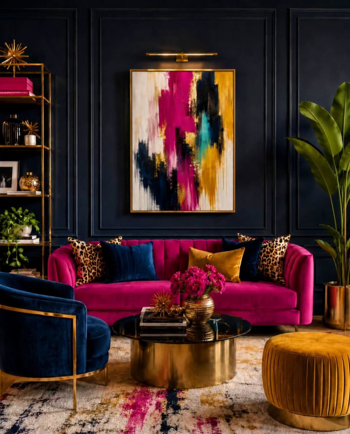 Abstract colorful artwork hanging on a dark blue wall above a pink velvet sofa.
