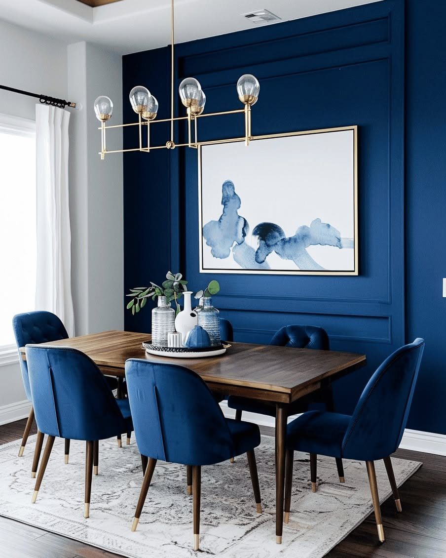 Blue velvet chairs around a wooden dining table against a dark blue paneled wall.