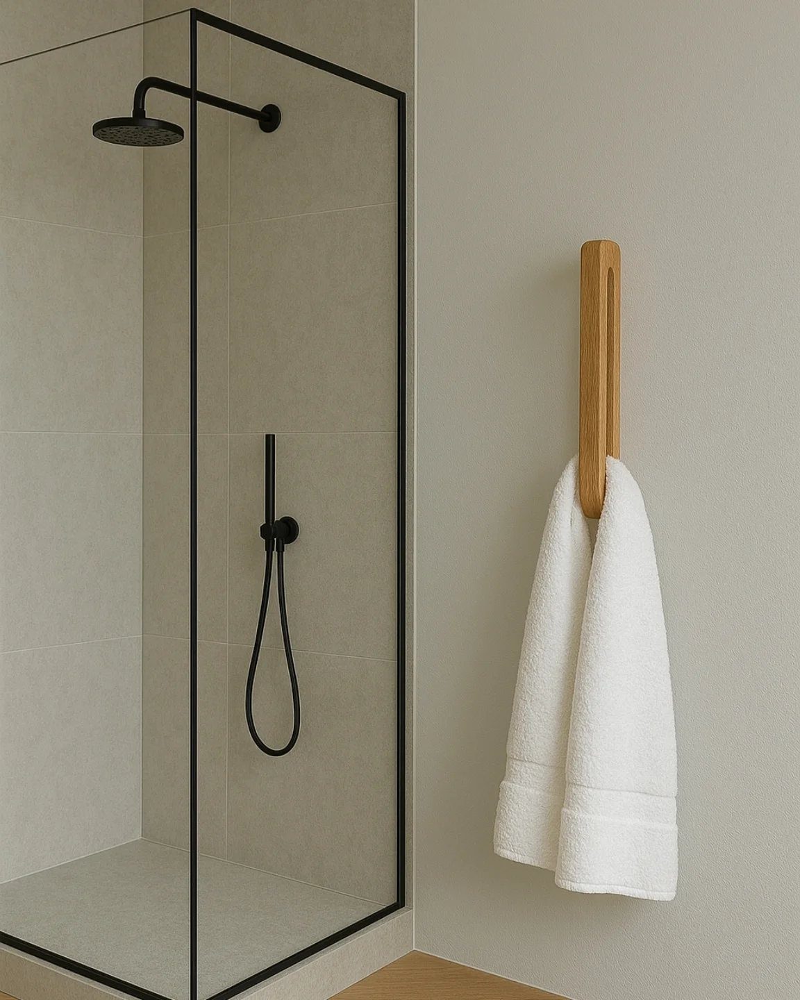A vertical wooden towel hook holding a white towel on a beige wall.