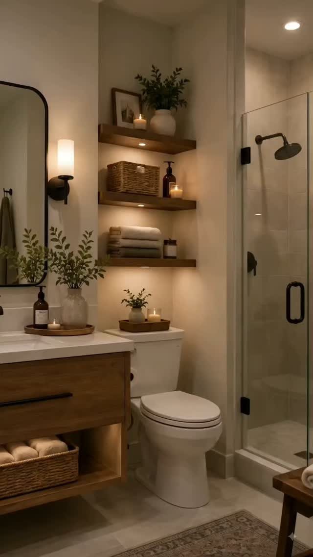 Three wooden floating shelves holding plants, baskets, and towels mounted on a white bathroom wall.