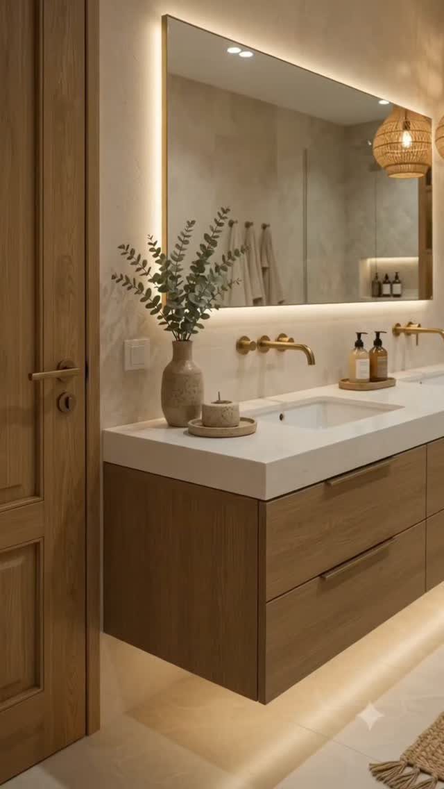 Wall-mounted wooden vanity with a white sink countertop and a large backlit mirror in a warm bathroom.