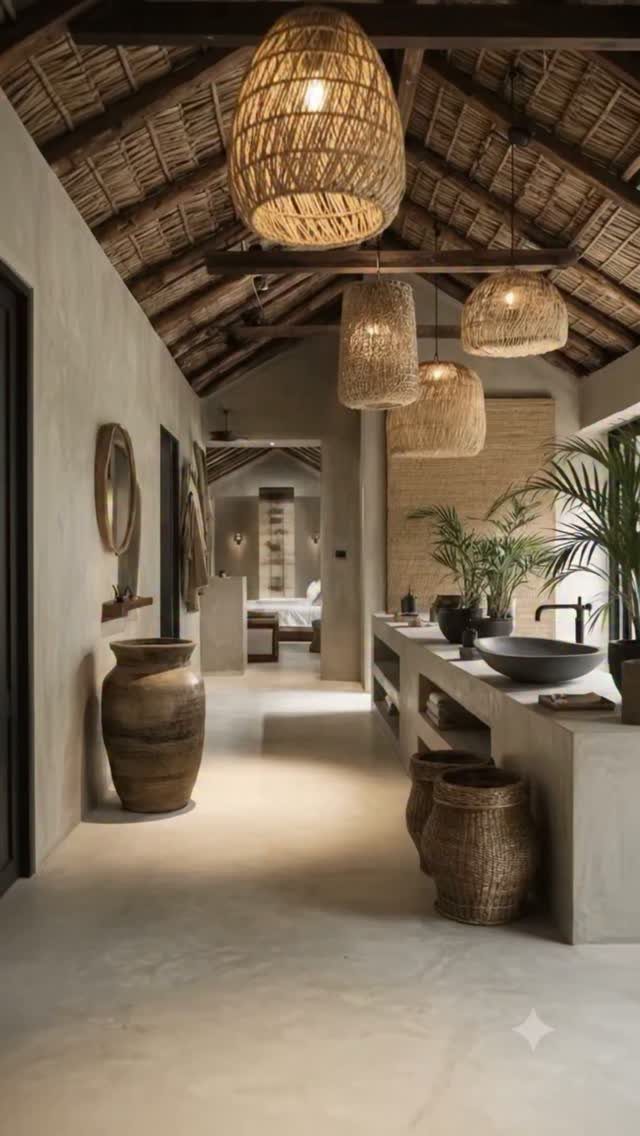 Woven rattan pendant lights hang above a concrete vanity in a bohemian bathroom.