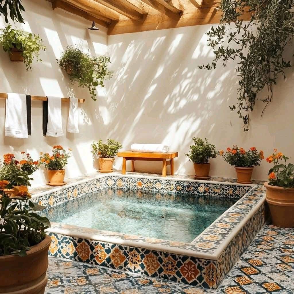 Patterned mosaic tiles surround a built-in outdoor pool surrounded by potted plants and wooden furniture.