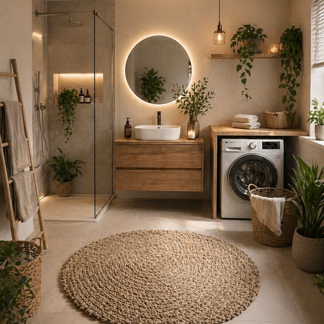 A bohemian bathroom with a backlit round mirror, wooden vanity, and various green potted plants.
