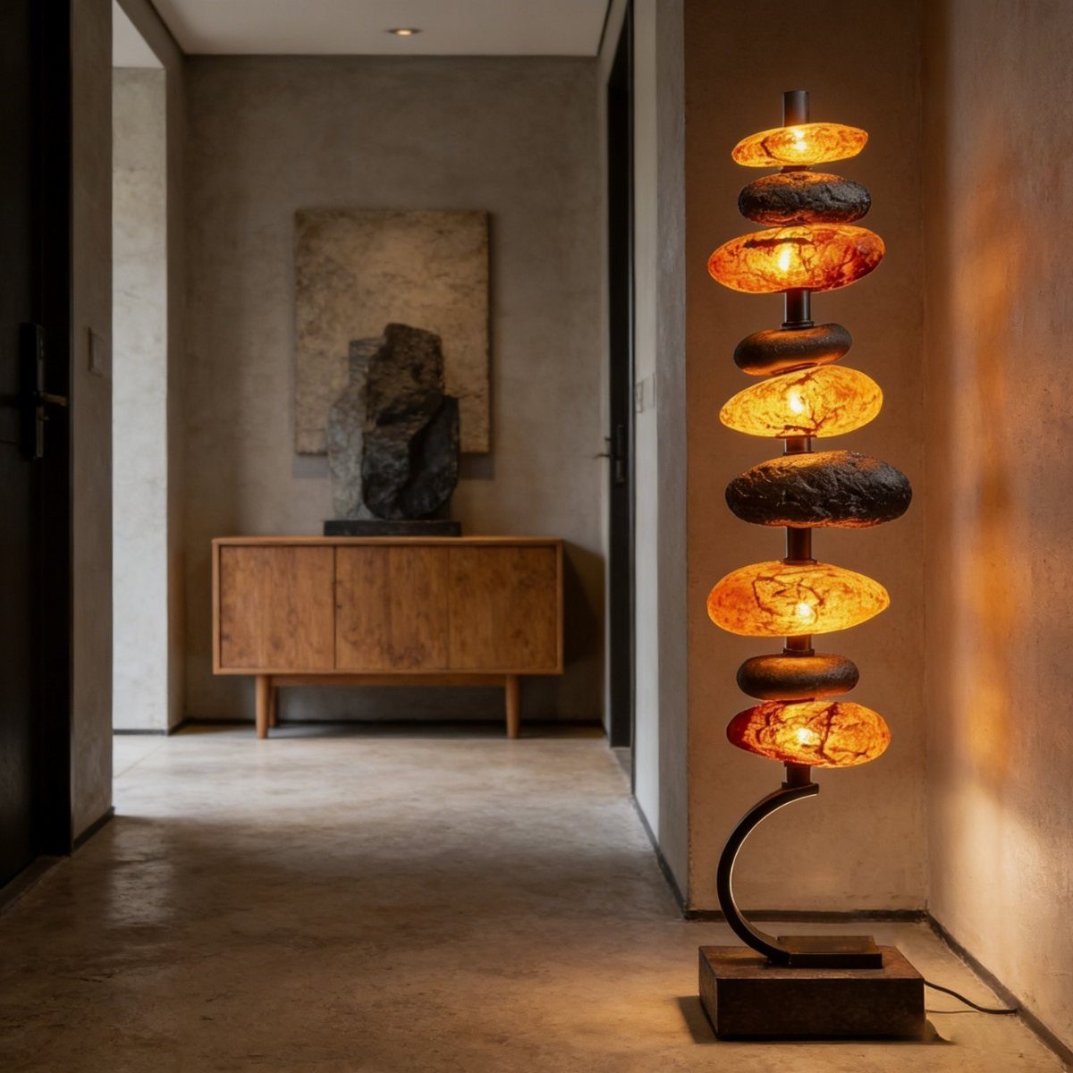 A sculptural floor lamp with glowing stacked stone discs stands in a minimalist hallway.