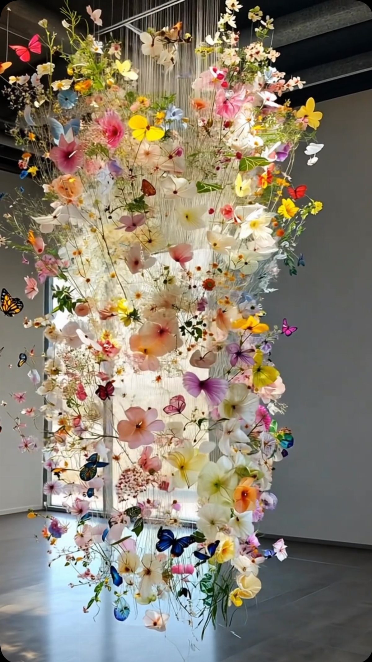 A large hanging floral installation with colorful flowers and butterflies suspended in a bright room.