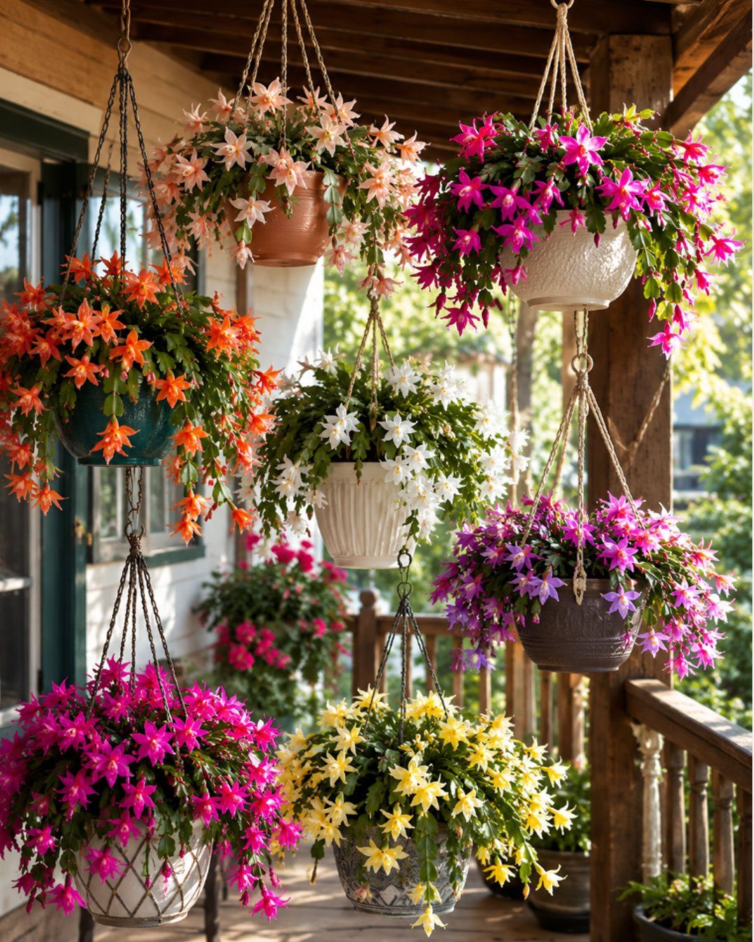Colorful flowering plants in hanging baskets cascading from a wooden porch ceiling.