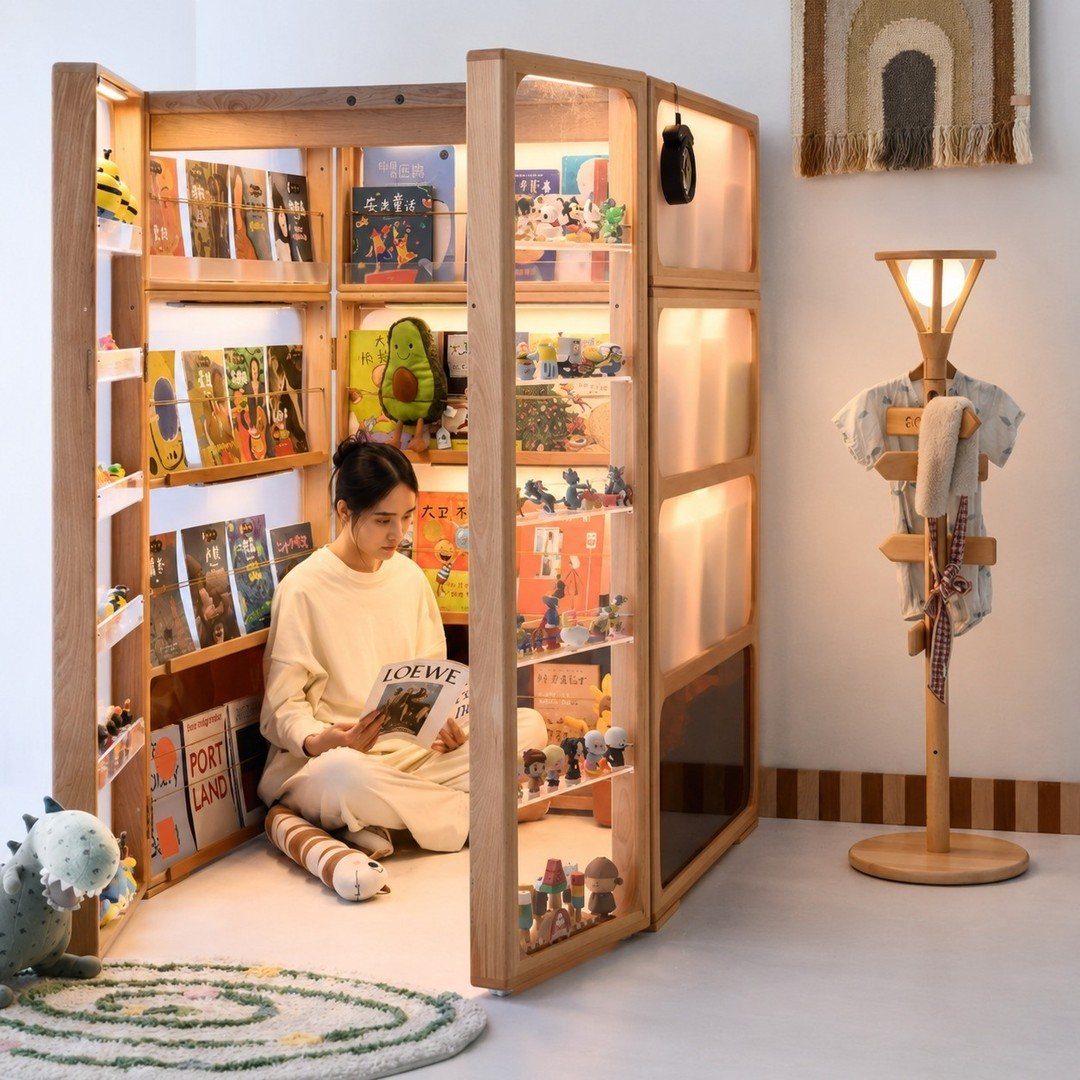 A woman sitting inside a large wooden bookshelf nook reading a magazine.