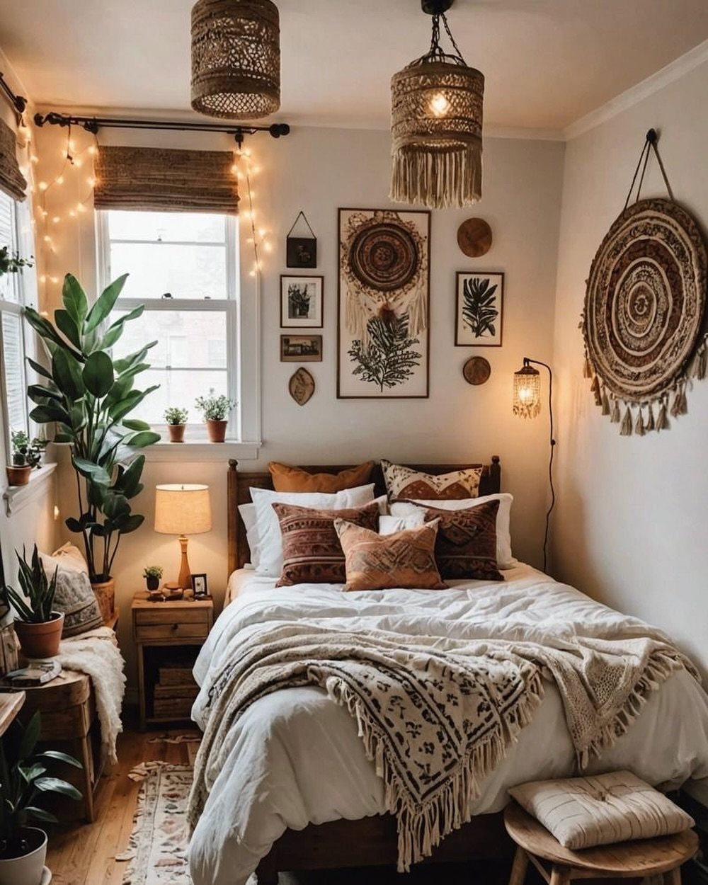 Boho bedroom with layered bedding, woven pendant lights, string lights, and various green plants.