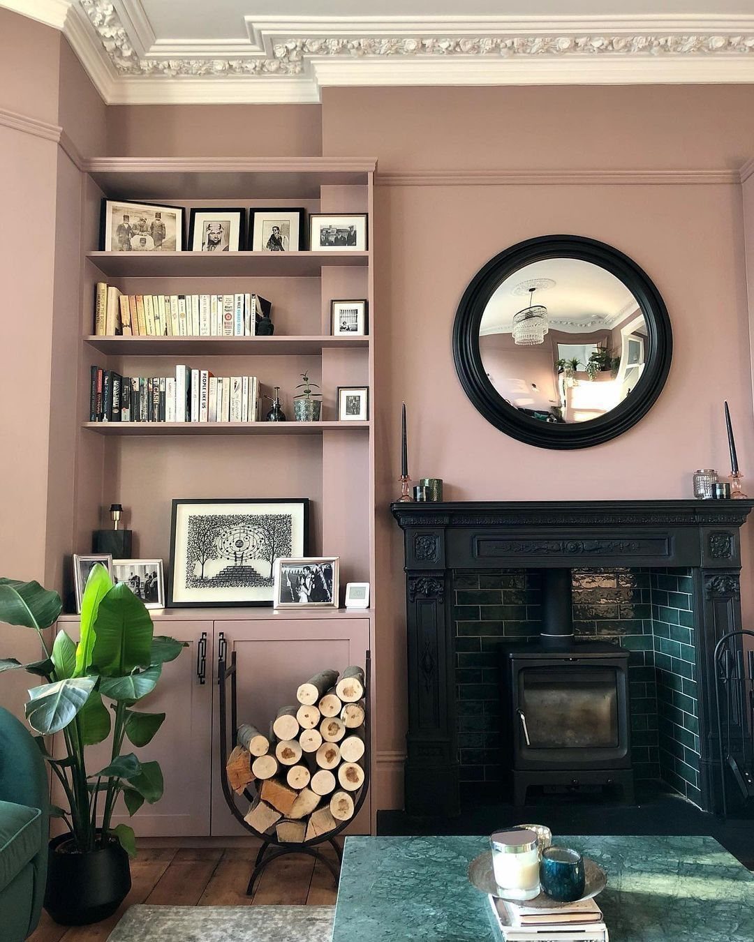 A large green potted plant sits near a black fireplace and mauve built-in bookshelves.