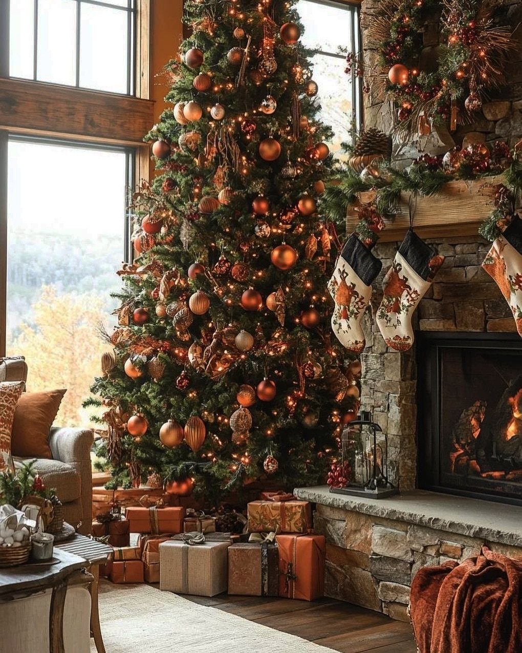 Decorated Christmas tree with copper ornaments and warm lights next to a stone fireplace.