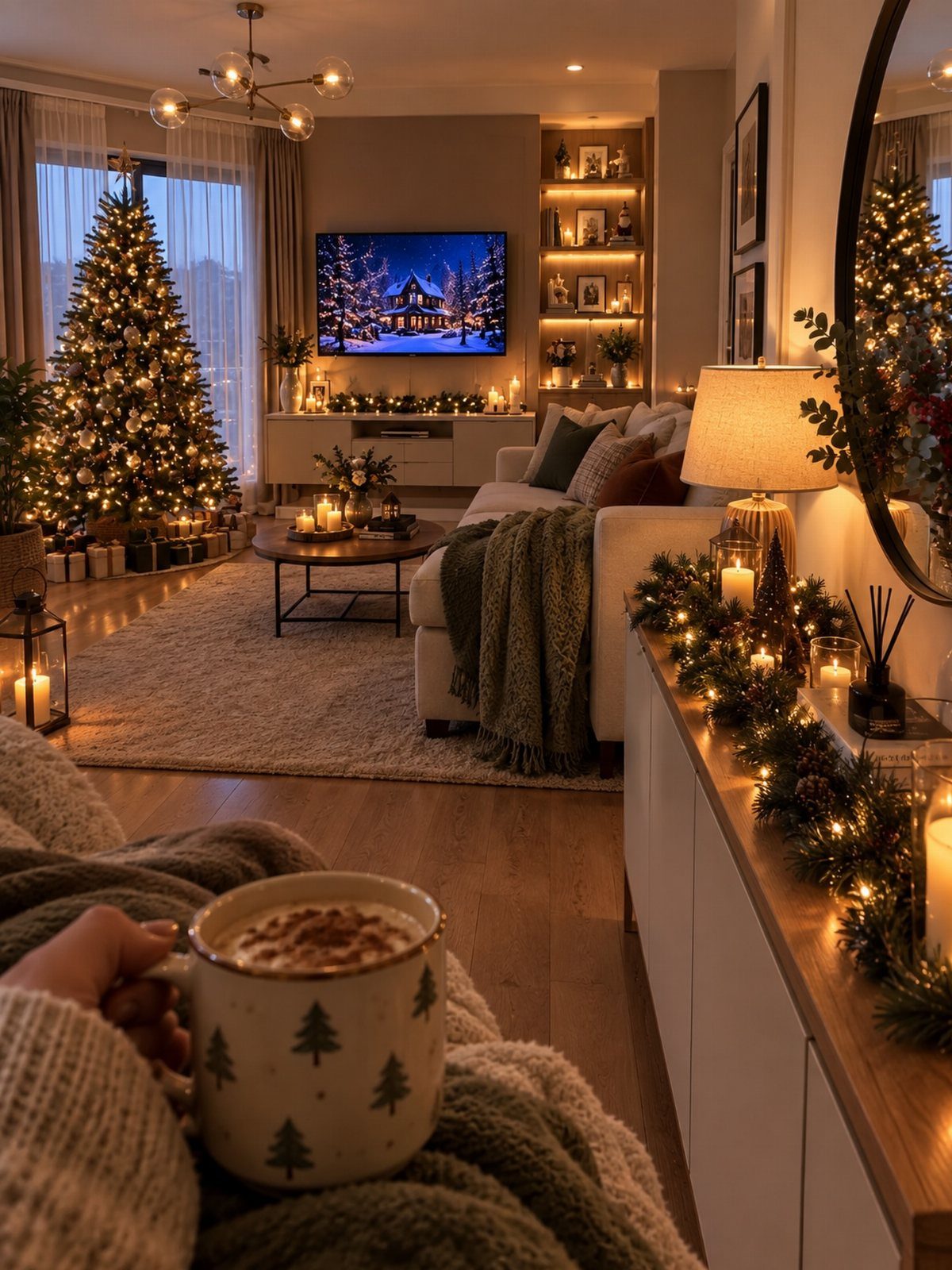 A person holding a mug in a cozy, warmly lit living room with a Christmas tree.