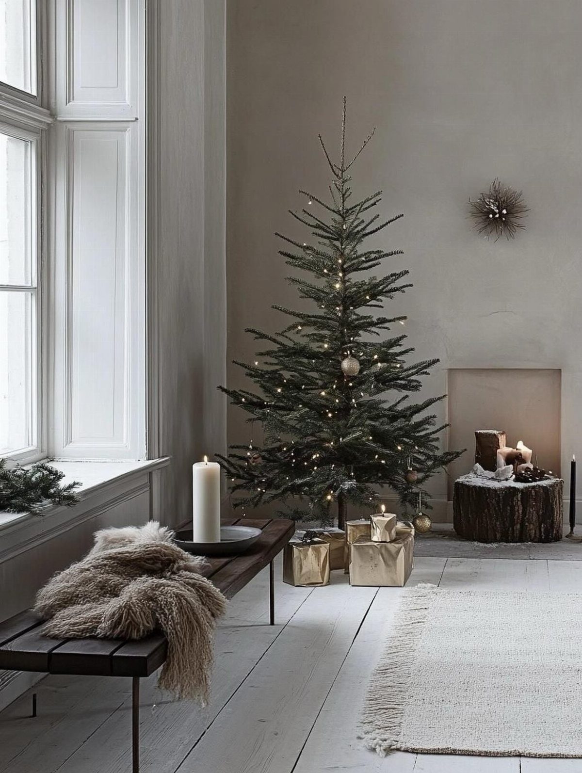 A minimal Christmas tree with warm lights and gold ornaments in a bright room.